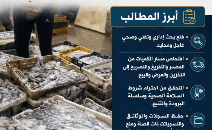 طلب فتح بحث إداري وتقني وصحي وتنسيق تدخل المصالح المختصة بشأن معطيات متداولة حول مسار عرض وتخزين وتسويق بعض كميات الأخطبوط بسوق السمك للجملة بميناء آسفي